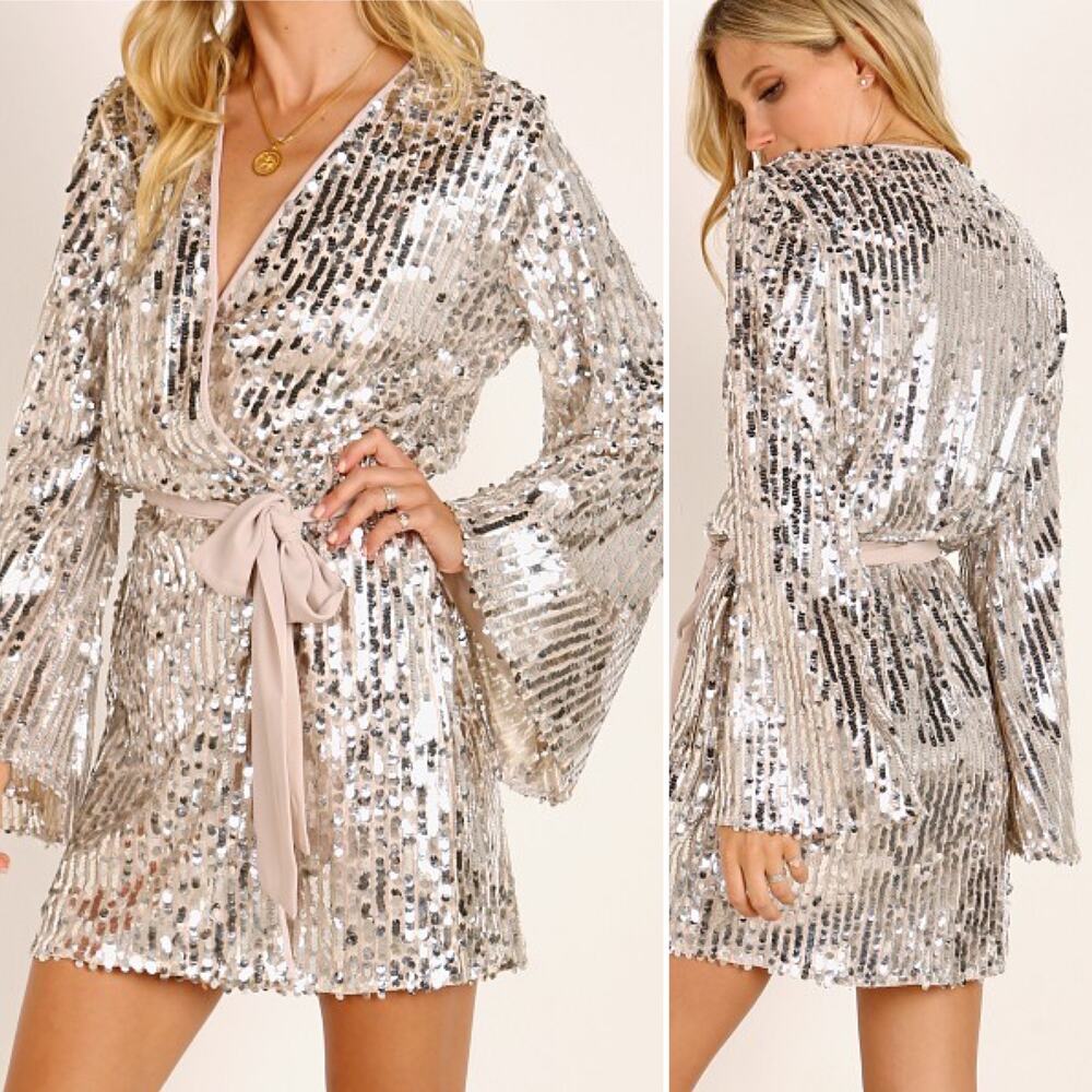 Show Me Your Mumu Giselle Kimono Wrap Silver Sequin Party Mini Dress Small - Picture 4 of 12